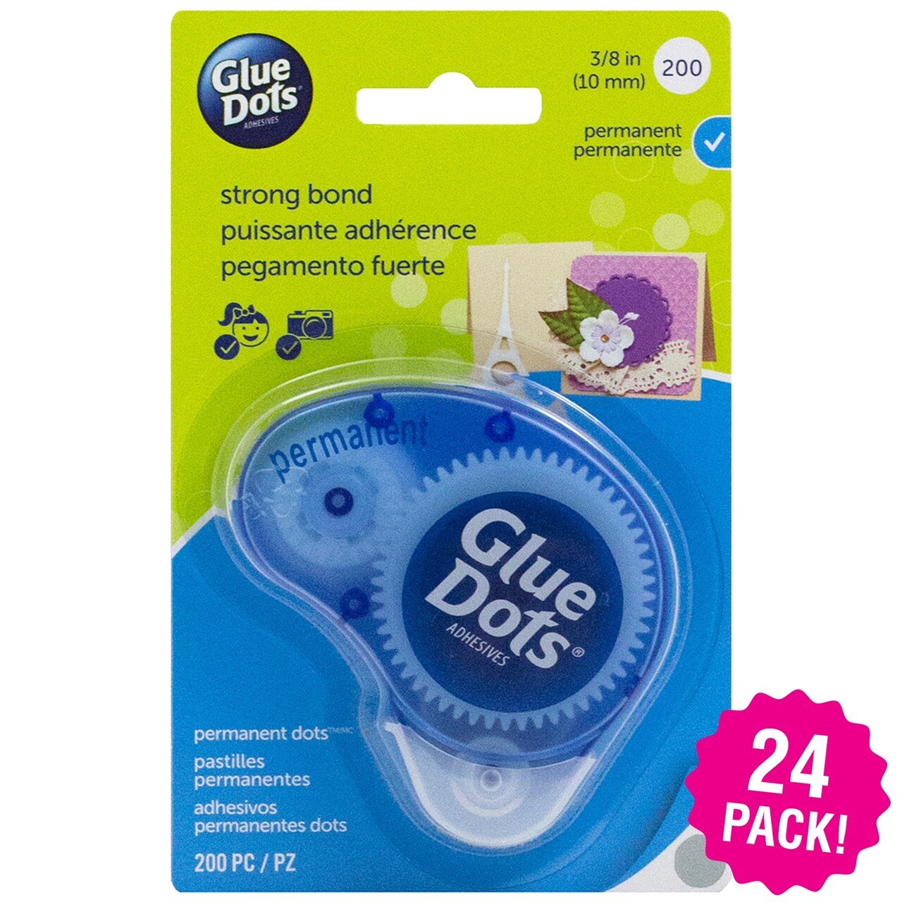 Multipack of 24 - Glue Dots .375" Dot Disposable Dispenser-Permanent, 200 Clear Dots